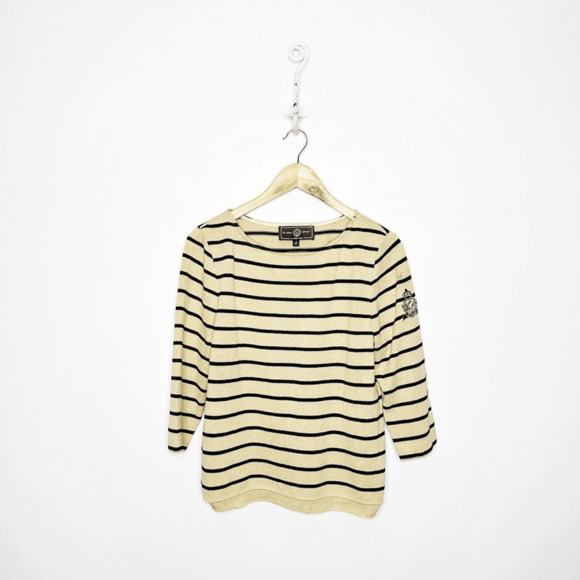 St. John Sweaters - ST. JOHN santana knit striped sweater womens S tan black logo Lightweight